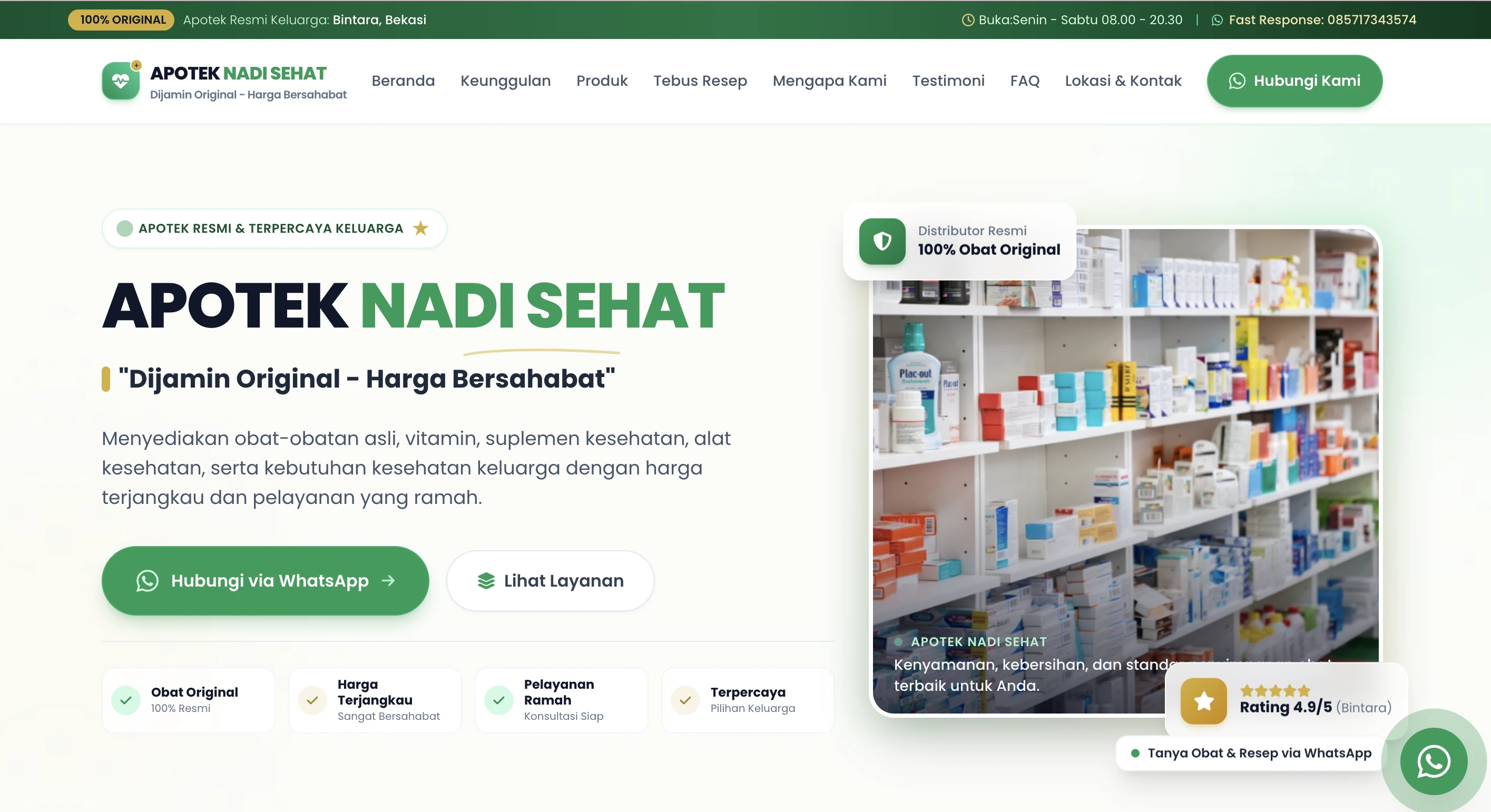 Tampilan Landing Page Apotek Nadi Sehat